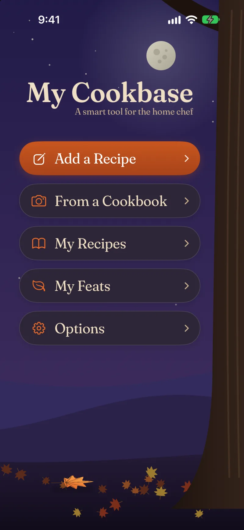 The My Cookbase home screen: Add a Recipe, From a Cookbook, My Recipes and My Feats under a night sky beside a tree.