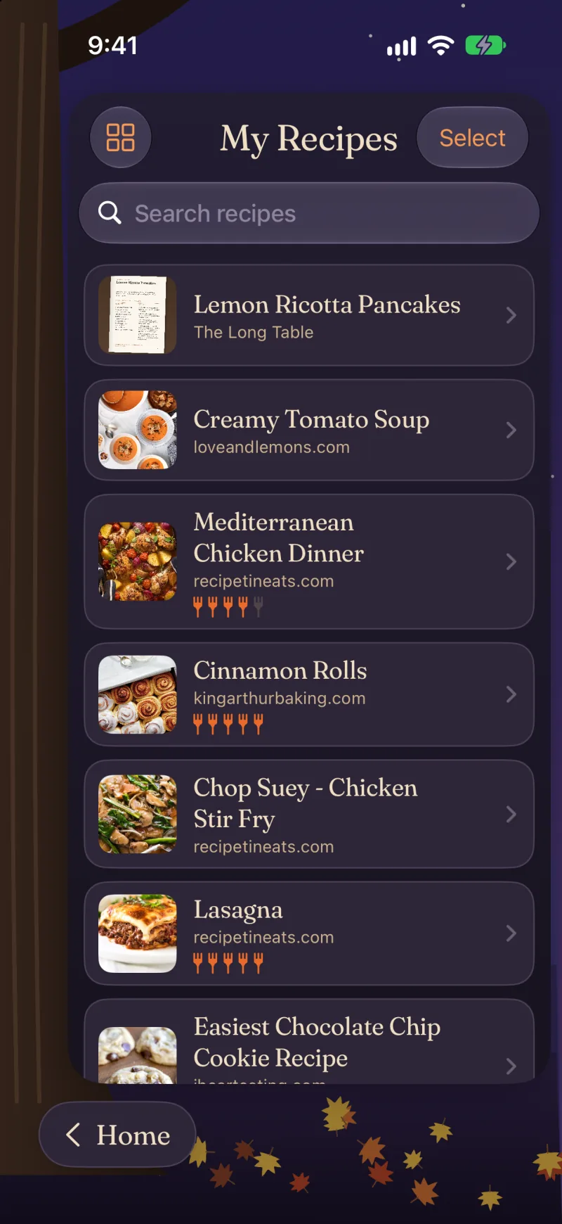 My Recipes: seven recipes with photos, sources and fork ratings, under a search field.