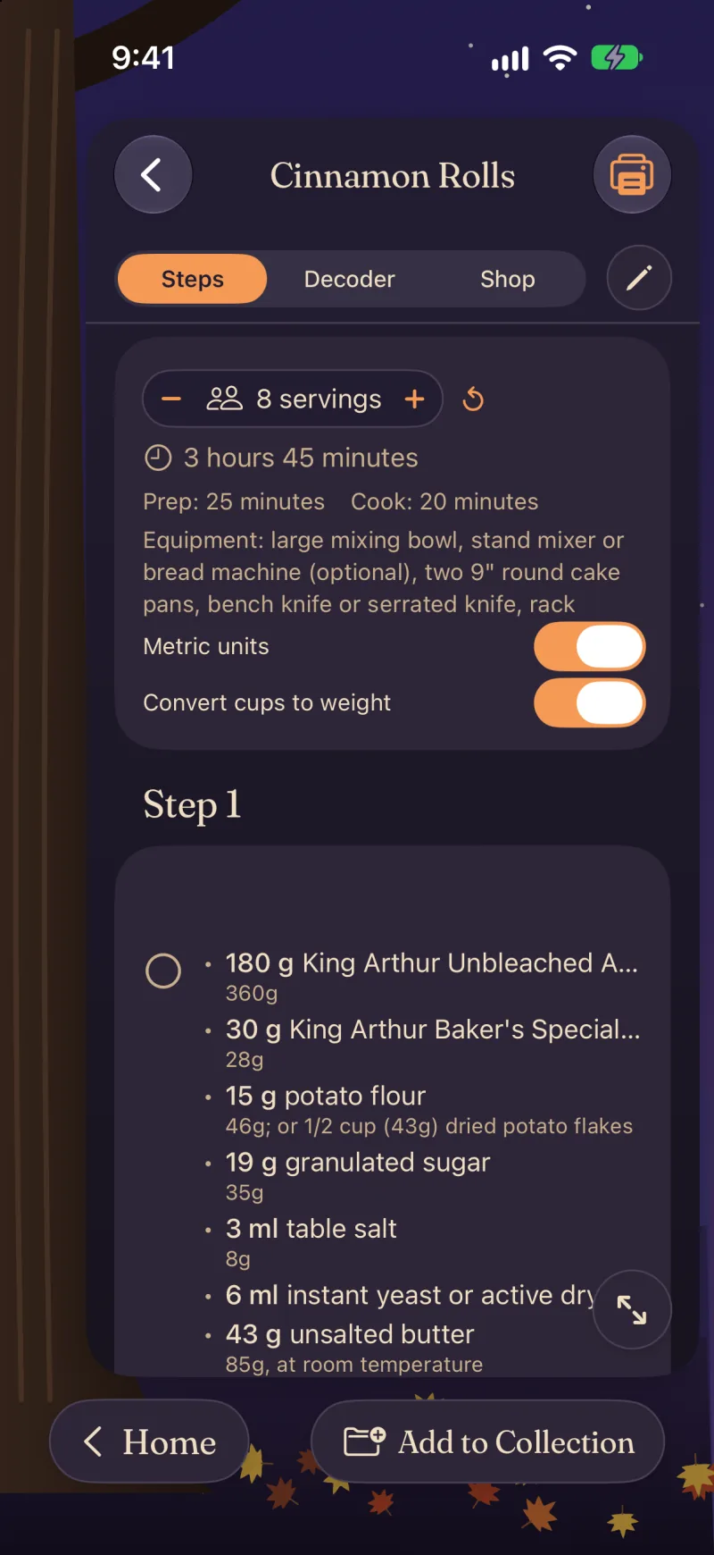 Cinnamon rolls scaled to 8 servings, with Metric units and Convert cups to weight both switched on, so the flour reads 180 g.