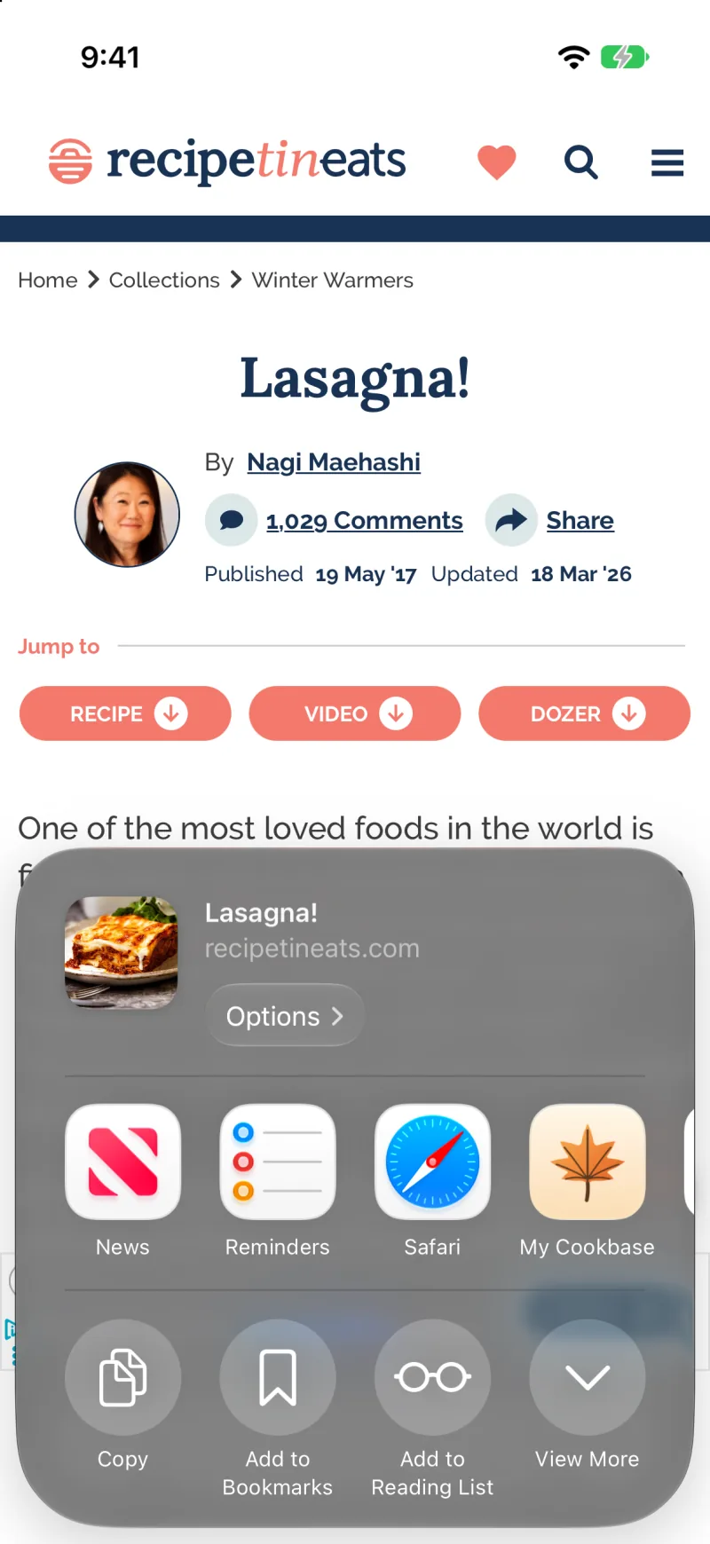 Safari on a recipe page with the share sheet open and My Cookbase in the row of apps.