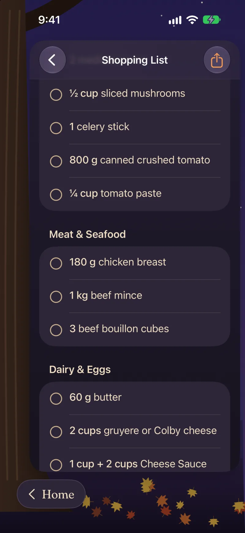 A shopping list for three recipes, sorted into Produce, Meat and Seafood, and Dairy and Eggs.