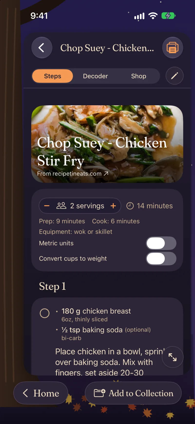 A chicken stir-fry in the Steps view: photo, servings and time, then Step 1 with its ingredients above the instruction.